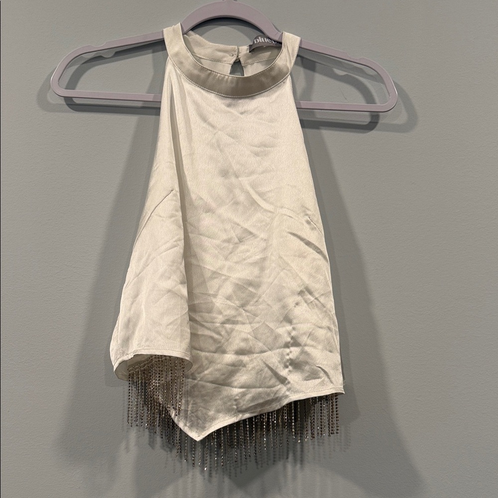 Chic White Halter Top with sparkly Fringe